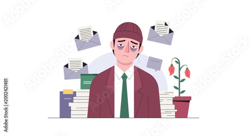 Illustration of an exhausted man with dark circles under his eyes surrounded by piles of documents and overflowing inboxes, conveying burnout against a clean white background in a flat