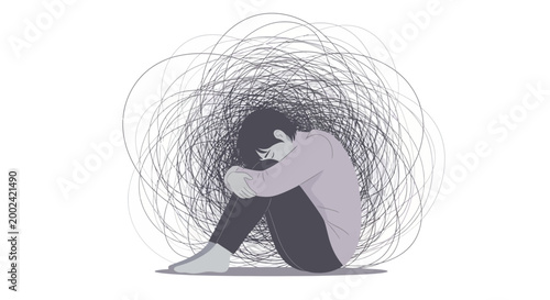 An illustration depicts a seated person with their head down and arms wrapped around their legs, surrounded by a chaotic swirl of dark lines against a clean white background