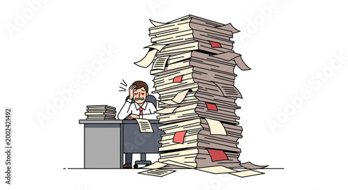 Cartoon illustration of a stressed businessman sitting at his desk with a large pile of papers and documents next to him against a plain white background, conveying an overwhelmed