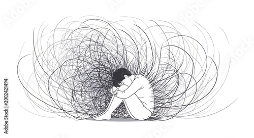 Monochromatic illustration of a despondent person sitting with their arms embracing legs against a clean white background, surrounded by chaotic lines that create a feeling of anxiety