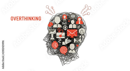 Illustration depicting a head silhouette filled with intertwined lines and icon symbols, representing overthinking, against a clean white background with a minimalist and conceptual graphic