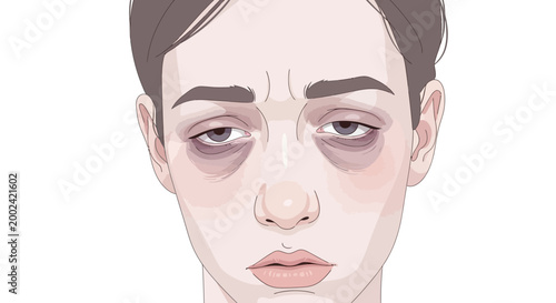Close-up illustration of a young person with dark circles under their eyes against a plain white background, showcasing a tired and weary expression with a desaturated color palette