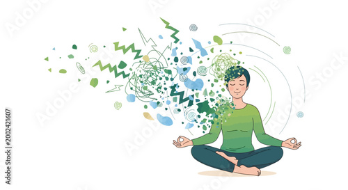 Illustration of a serene woman in a cross-legged pose meditating, surrounded by abstract green and blue shapes against a white background, symbolizing mental clarity and relaxation