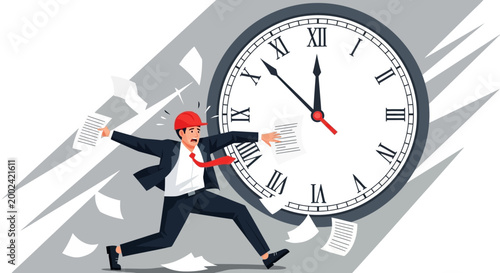 Illustration of a stressed businessman in a suit and red hat rushing against a giant clock with scattered papers, set on a white background with gray lines, conveying a sense of urgency