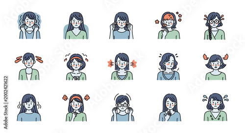 Collection of illustrated emotions showing a woman's different feelings, displayed as minimalist icons with clean lines and a muted color palette against a white background