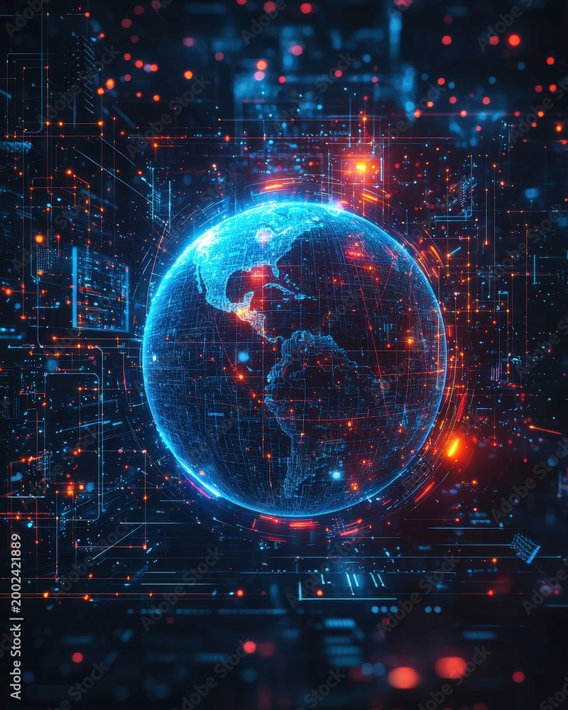 Fototapeta premium Futuristic digital globe with glowing data connections and illuminated circuitry background