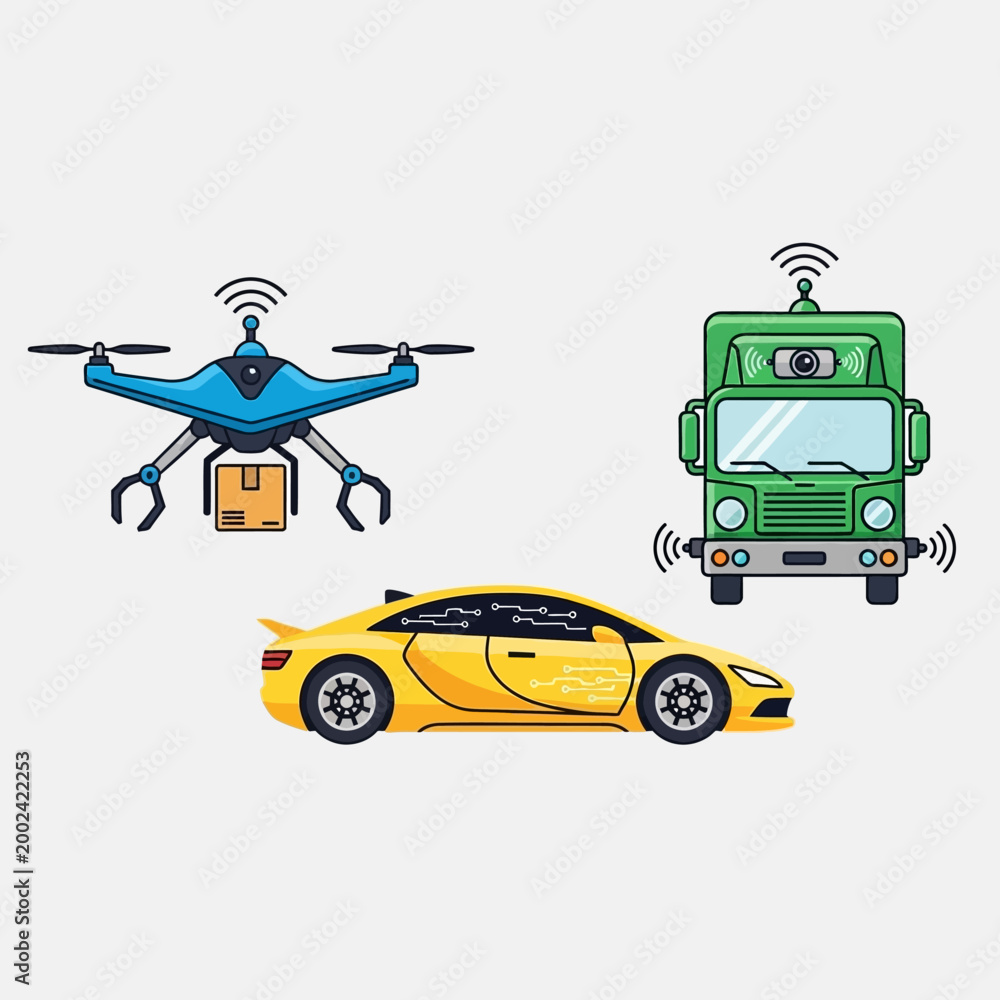 Naklejka premium Autonomous vehicles: drone, truck, and car with sensors, pixel art style