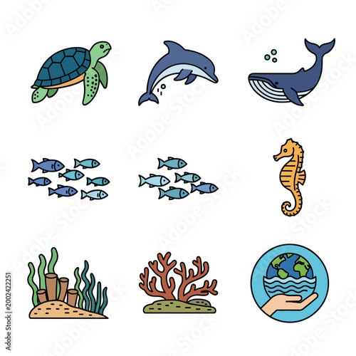 Ocean Life Icons Set: Turtle, Dolphin, Whale, Fish, Seahorse, Coral, Earth