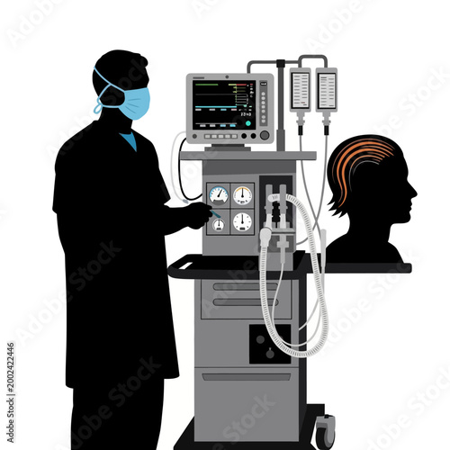 Anesthesiologist in Mask Monitors Patient During Surgery with Medical Equipment