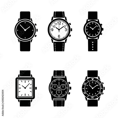 Collection of Six Classic Wristwatch Silhouettes on White Background