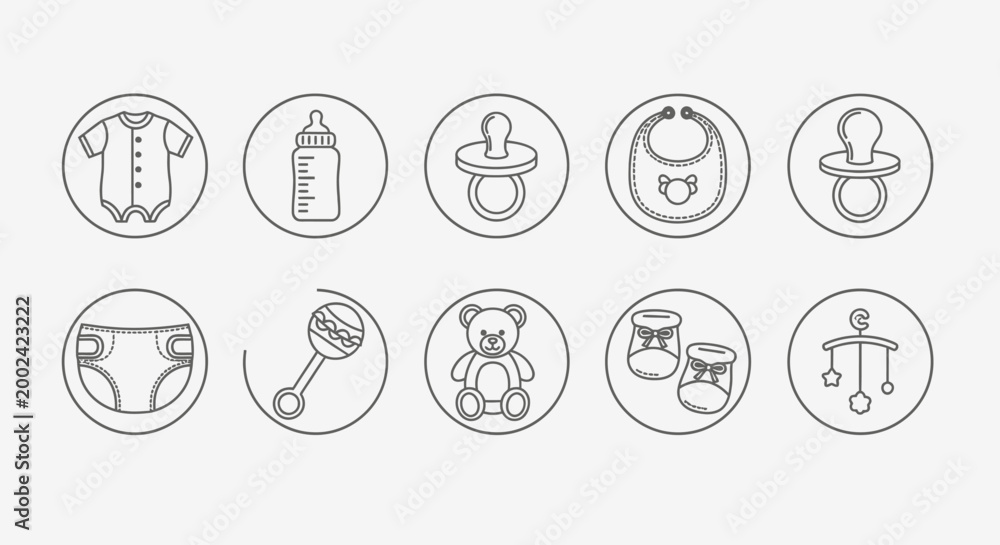 Fototapeta premium Baby Essentials Icons Set: Newborn Care, Feeding, Clothing, and Playtime Symbols