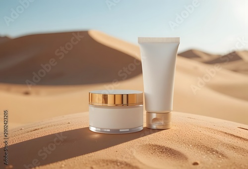 Luxurious cosmetic products displayed on a desert landscape under a clear sky, representing skincare and beauty