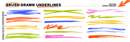 Brush drawn straight underlines and strikethrough collection. Vector png strike and swooshes. Colorful crayon or chalk drawn kid's scribble lines. Highlight marks for hand drawn notes and journaling.