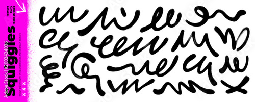 Graffiti grunge spray paint squiggles and whimsical curly lines for street art design. Urban style graffiti bold lines and brush stroke. Png vector underlines, curly wavy thick smears, spraypaint.