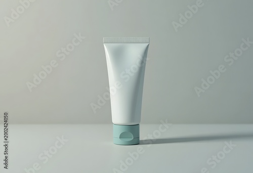 A simple, clean, and modern white cosmetic tube with a light mint green cap against a minimalist grey background, perfect for beauty product mockups and branding