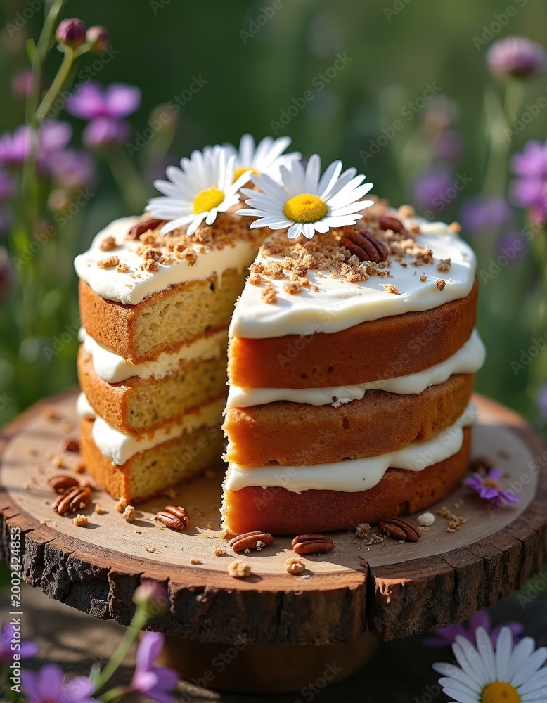 Naklejka premium Hummingbird cake with pecans and cream cheese frosting is served outdoors. This sweet dessert has multiple layers and floral decoration on a rustic wood stand. It is a treat for any celebration.