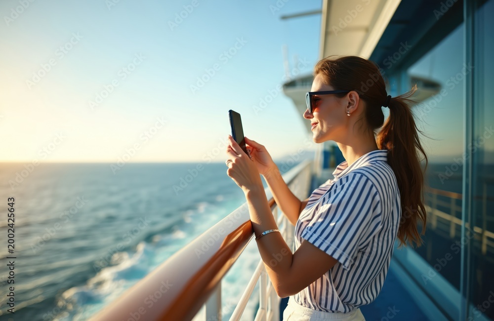 Naklejka premium Woman on cruise ship deck takes photos with smartphone. Ocean seascape at sunset, vast water expanse, clear sky. Luxury travel, leisure vacation activity, enjoying scenic view from boat balcony.