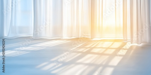 Golden Morning Sunlight Streaming Through Sheer White Curtains