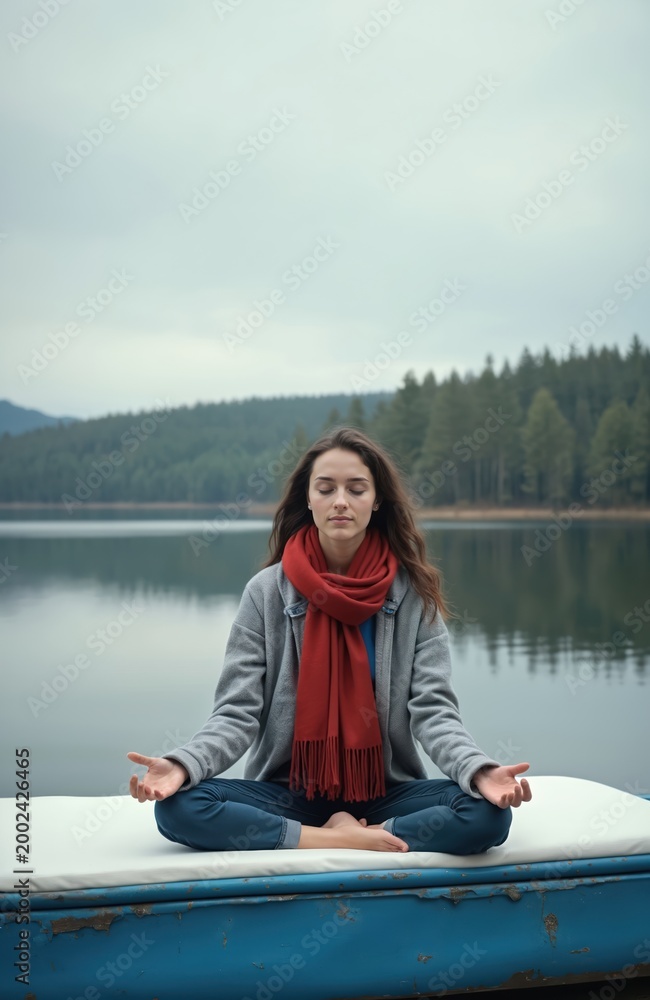 Fototapeta premium Young woman meditates in lotus pose on boat pontoon. Serene girl sits by calm lake and forest. Peaceful female practices yoga outdoors, finds inner calm.