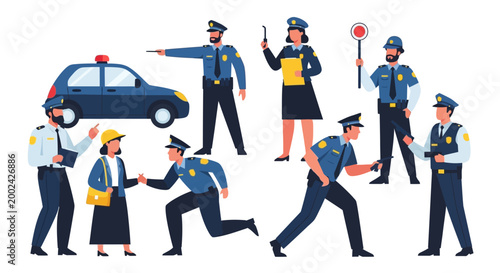 Flat vector illustration of a diverse group of police officers in various poses and uniforms, some directing traffic and interacting with a civilian next to a car against a clean white