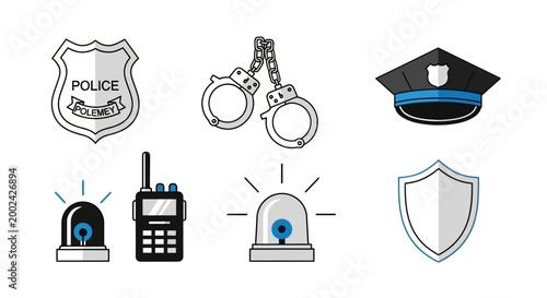Flat lay of a police badge, handcuffs, and hat alongside a walkie-talkie, siren, and shield against a plain white backdrop, presenting a crime-fighting concept in an illustrative