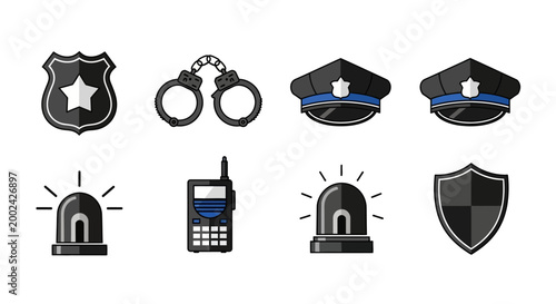 A set of flat vector icons displaying law enforcement equipment, including a badge, handcuffs, hats, a walkie-talkie, and a shield, arranged against a clean white background