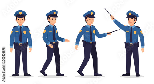 Flat vector illustration featuring a police officer in various poses, including standing at attention and directing traffic with a baton, set against a clean white background