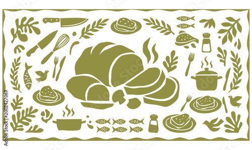 Vintage 1930s Rubber Hose Style Sourdough Bread and Mediterranean Bakery Cooking Doodle Set