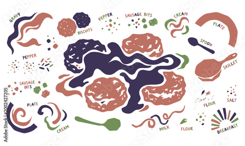 Vintage 1930s Rubber Hose Style Biscuits and Gravy Southern Breakfast Ingredient Doodle Set