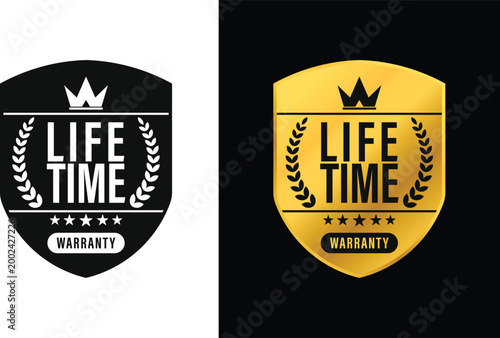 Gold and black lifetime warranty badge icon with a crown and shield. Isolated vector in flat style. Suitable for icons, logos, seals, tags, signs, symbols, stamps, stickers, and banners.