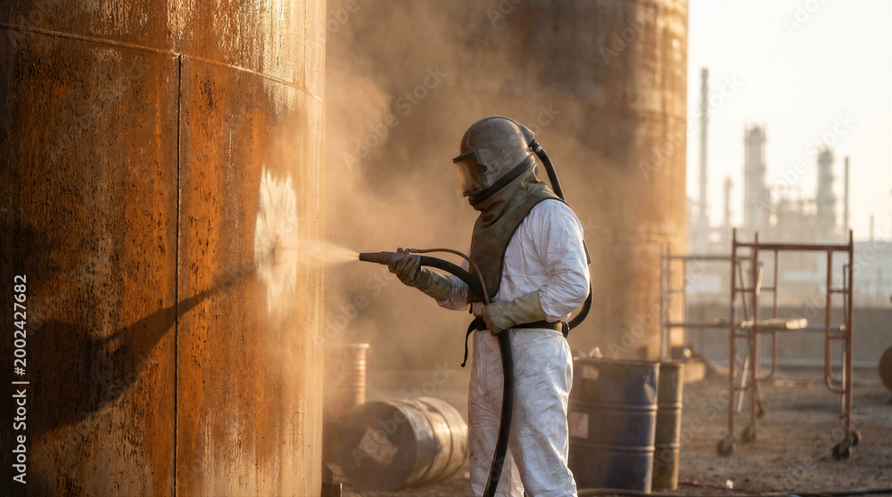 Fototapeta premium Industrial worker performing sandblasting on a large rusty metal tank at a refinery site, wearing protective gear and helmet