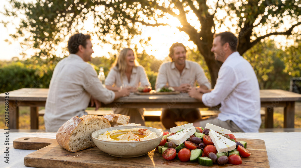 Obraz premium Friends enjoying a mediterranean meal outdoors at sunset with hummus, salad, and fresh bread on a wooden table