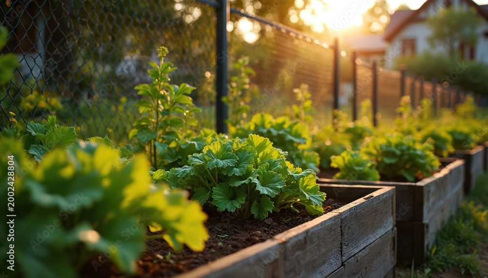 Fototapeta premium Raised garden beds with green plants grow in sunlight. Wooden boxes arranged in row, chain link fence behind. Evening sun shines on backyard farm, home visible.