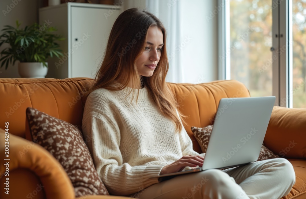 Obraz premium Young woman with long hair sits on a sofa using laptop. She wears a cozy sweater typing on keyboard in living room near window. Casual comfortable home working or studying.
