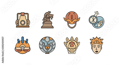 Set of eight hand drawn vector illustrations of Singapore landmarks and cultural symbols.