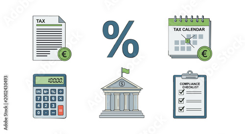 Set of financial tax accounting and government compliance icons.