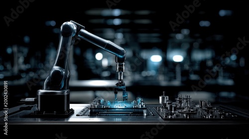 Advanced robotic arm performing precise task in sleek industrial environment with futuristic technology focus