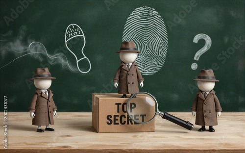 Three detective figures examine a 