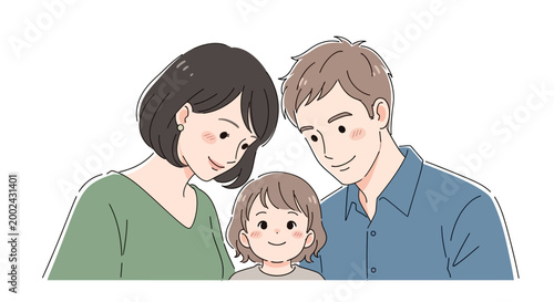 Illustration of a happy family with a mother, father, and young child looking down together in a warm, loving embrace, set against a clean white backdrop with soft, pastel colors