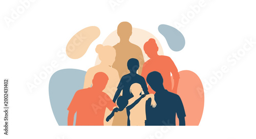 Illustrated silhouette family portrait with parents and children standing together against abstract pastel shapes in a friendly and harmonious composition, conveying a sense of unity