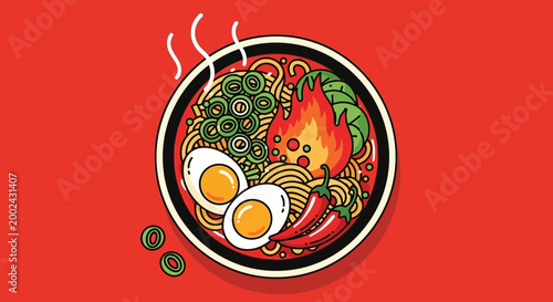Spicy Ramen Noodle Bowl Illustration with Fire and Chili Peppers