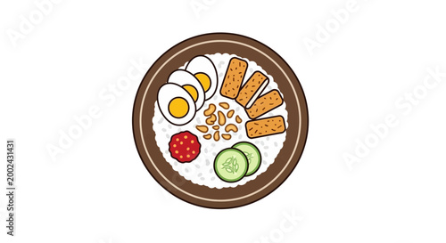 Top view of delicious Indonesian Nasi Lemak dish with rice, egg, cucumber, chili paste and fried items