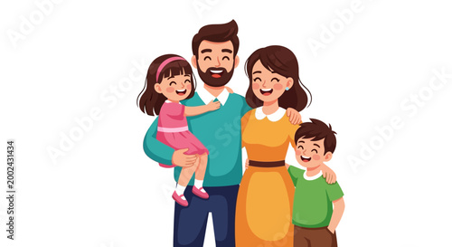 Cheerful cartoon family of four, featuring a mother, father, daughter, and son embracing tightly against a clean white background, with a bright and joyful mood conveyed