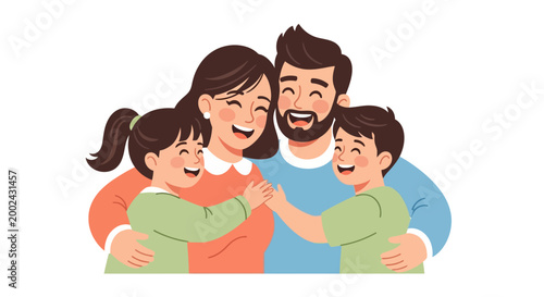 Warm vector illustration depicting a happy family of four embracing against a clean white background, showcasing their strong bond and joyful mood with soft, pastel colors