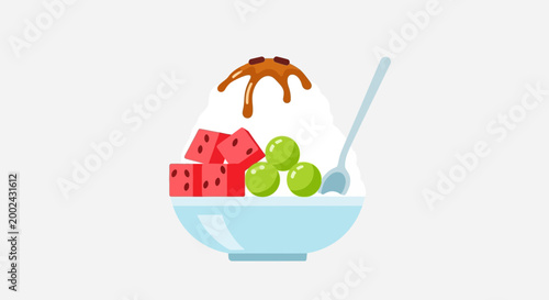 Refreshing Fruit Shaved Ice Dessert with Syrup and Spoon