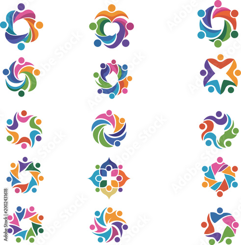 A vibrant collection of 15 flat-design vector logos centered around teamwork, community, unity, and diversity. Each icon features stylized, colorful human figures (simple rounded shapes with dot heads