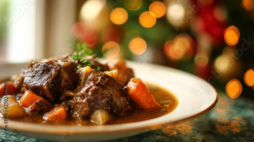 Traditional Maltese Rabbit Stew (Stuffat tal-Fenek) in a Festive Holiday Setting