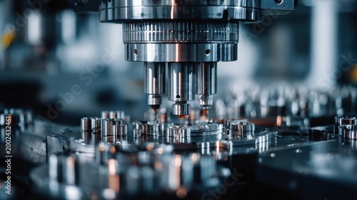 Precision Machinery in Operation with Close-up on CNC Equipment and Metal Components in Industrial Environment