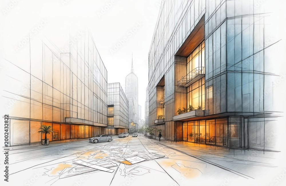 Fototapeta premium Sketch of modern city street with glass office buildings. Cars drive on road near architectural plans spread on pavement. Tall skyscraper rises in background.