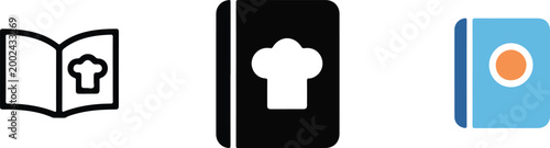 Set of cookbook and recipe book vector icons featuring chef hat symbols and colorful book covers for culinary arts and cooking.